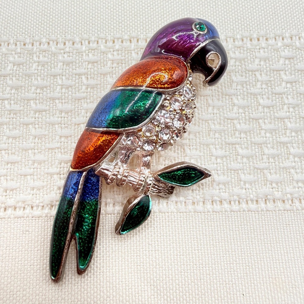 Vintage Parrot Brooch Pin with Colorful Dark Enamel and Crystal Rhinestones